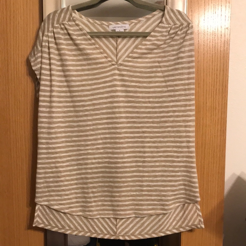 White and tan light stripe sweater.  V neck short sleeve liz Claiborne large